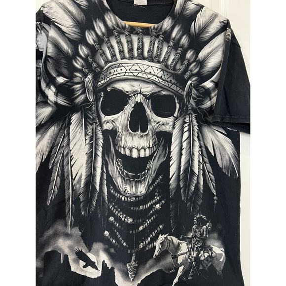 Native American Skull Indian Chief All Over Print T Shirt Black Size Large‎ - Picture 2 of 5